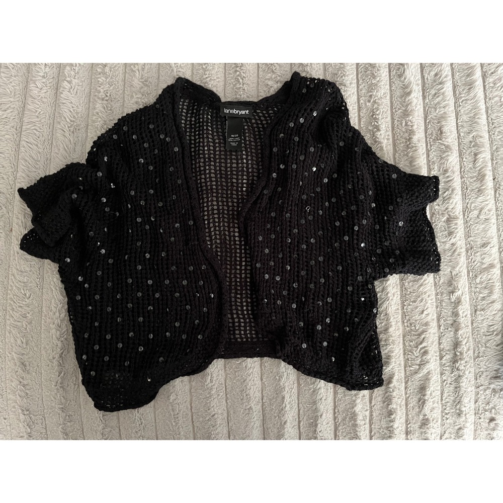 Lane Bryant Black Sequin Open Knit Shrug Cardigan Linen Cotton Plus Size 18/20
